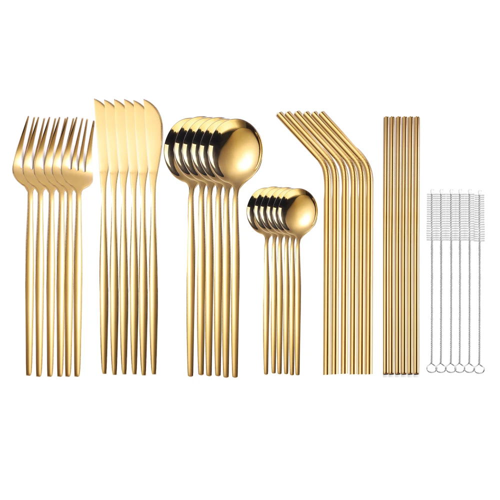 

Mirror straw fork spoon knife 42pcs tableware set gold sets stainless steel cutlery set west dinnerware dinner sets Dropshipping