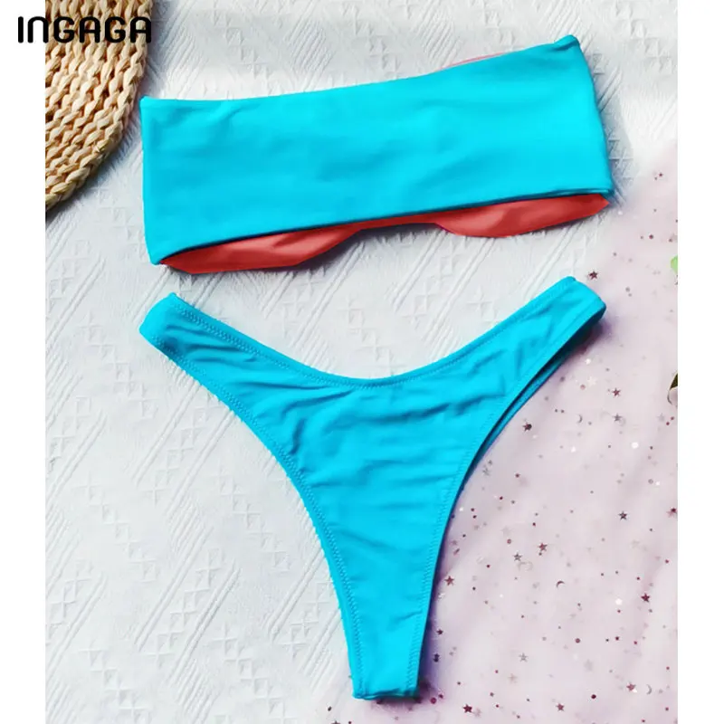 

INGAGA Bandeau Bikinis Women's Swimsuits Cut Out Swimwear Thong High Cut Biquini Bathing Suits Solid Patchwork Beachwear 2021