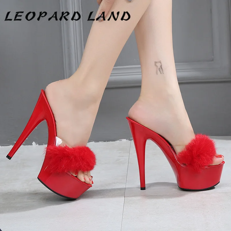 Новинка Леопардовая обувь на высоком каблуке с кроличьим мехом Пикантные Черные