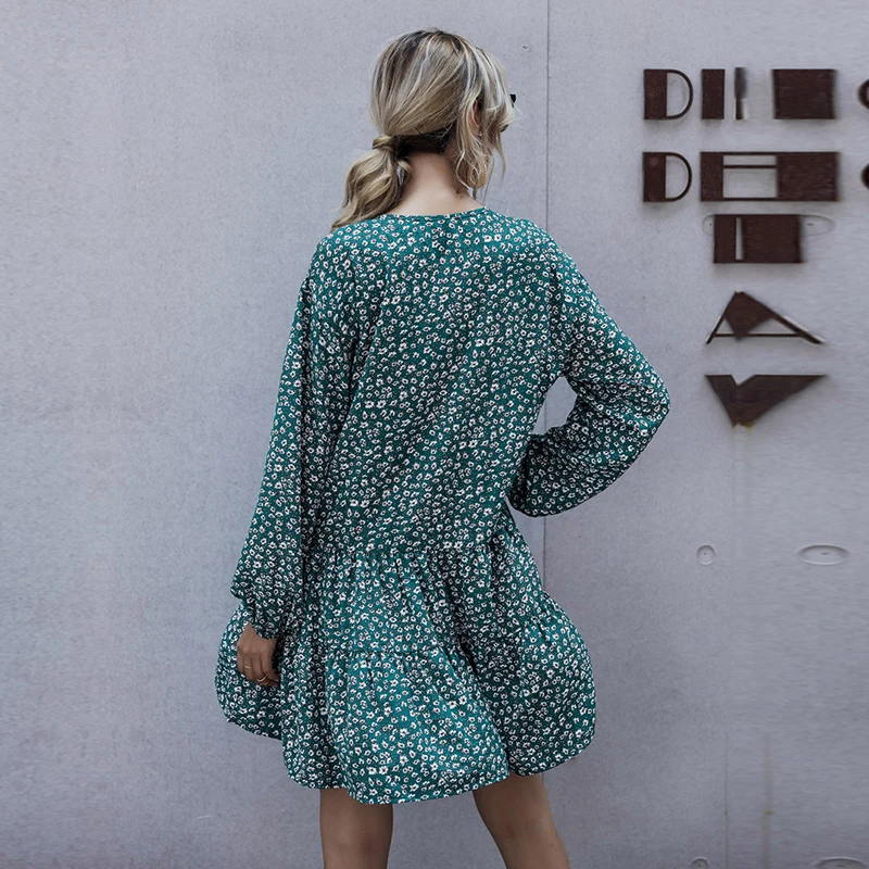 

Autumn Winter Full Sleeve Floral Dress Women Casual Ruffles Print Short Dress For Women 2021 New Elegant Slim