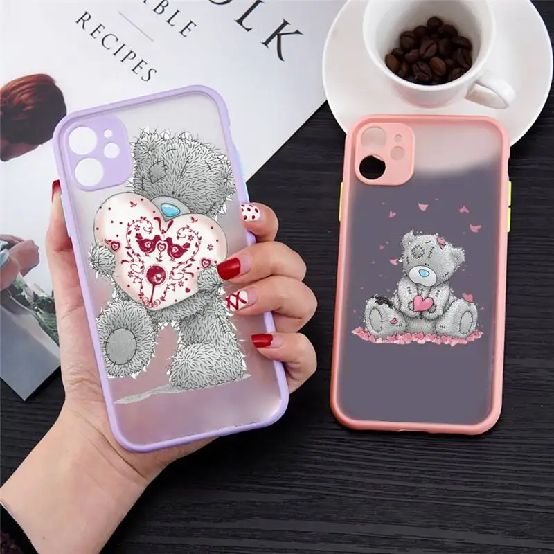 

Teddy Bear Cute Phone Case For iPhone 13 12 11 Mini Pro XR XS Max 7 8 Plus X Matte transparent Purple Back Cover
