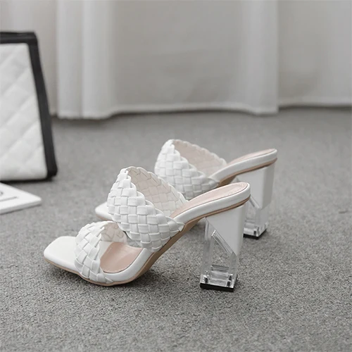 

2021 Women High Clear Heels Fashion Slippers Female New Cross Tied Casual Shoes Ladies Square Open Toe Comfortable Footwear