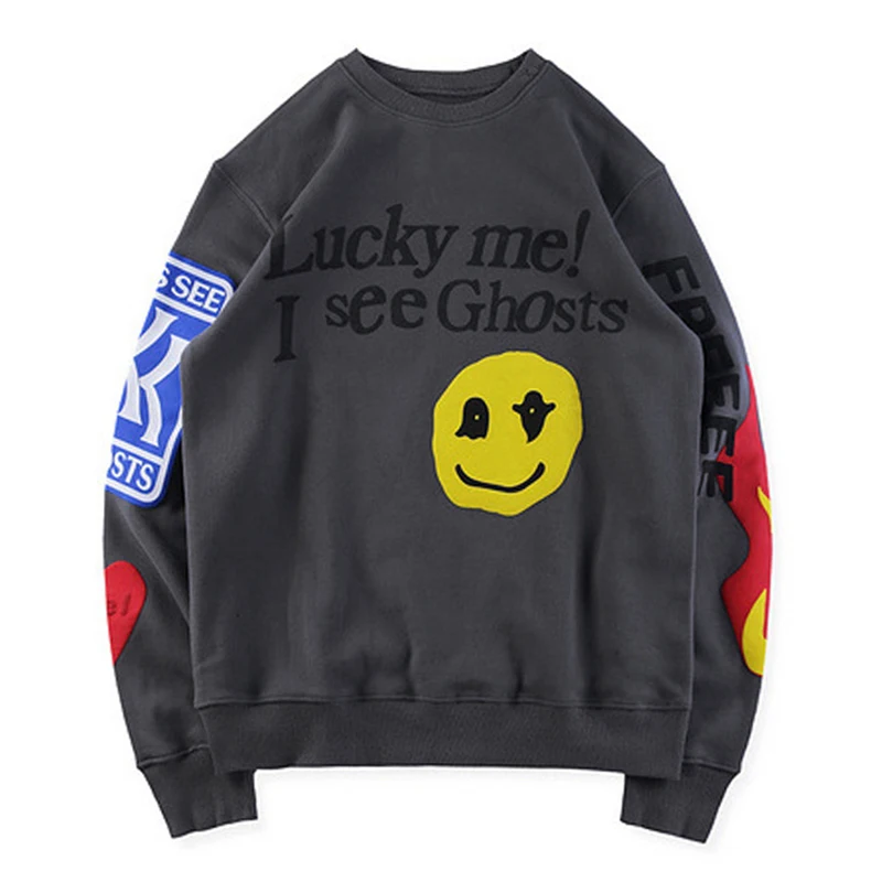 Lucky Me I SEE GHOSTS, мужская толстовка с принтом смайлика, мужские толстовки с круглым вырезом, Harajuku, уличные толстовки в стиле хип-хоп,, уличная одежда - Цвет: Gray
