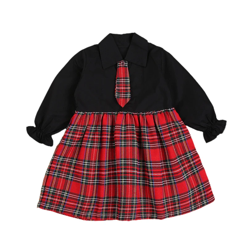 

BY Baby Girl Neutral Style Plaid Stitching Dress College Style Uniform Long Mandarin Sleeve Dress with Bow Tie for Christmas