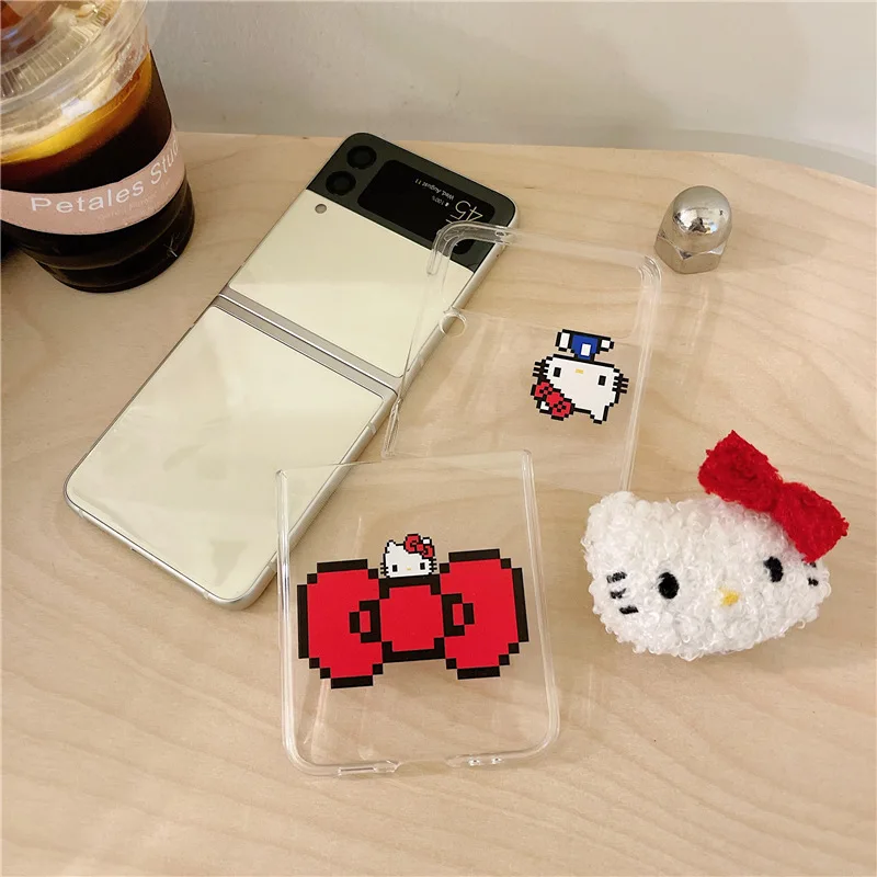 cute kitty phone stand transparent case for samsung galaxy z flip 3 5g hard pc back cover for zflip3 case protective shell free global shipping