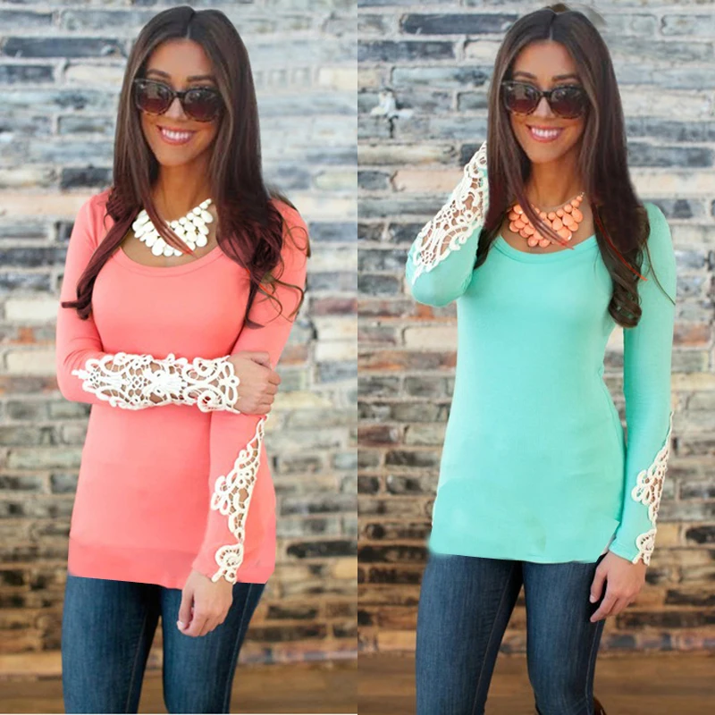 

Women Top Shirt, Long Sleeve Solid Color Round Neck Lace Sheer Shirt, Slim-Fit Pullover Wild Fashion Top