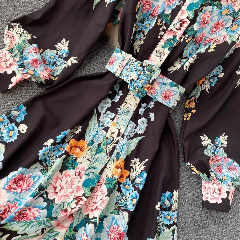 

YIZZHOY Spring New Women Chic Sashes Floral Print Dress Puff Sleeve High Waist A-line Turn-down Collar Ladies Dresses