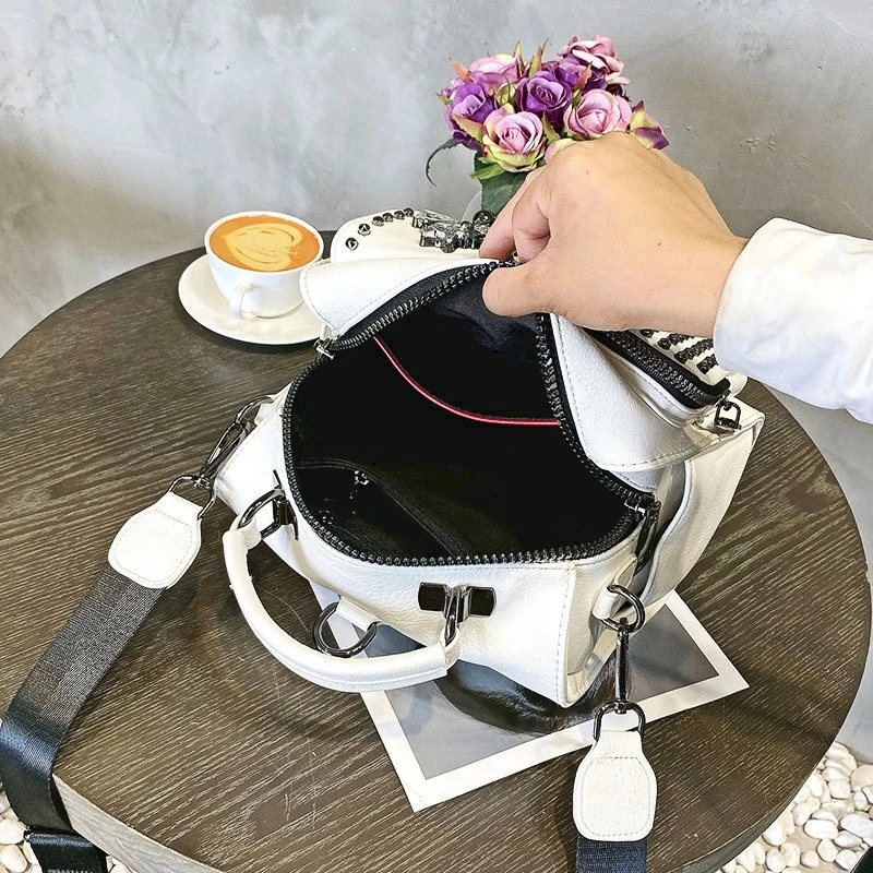 

Fashion Rivet Women's Handbag Top Handle White Soft Leather Shoulder Bag Multifunctional Crossbody Tassel Purses