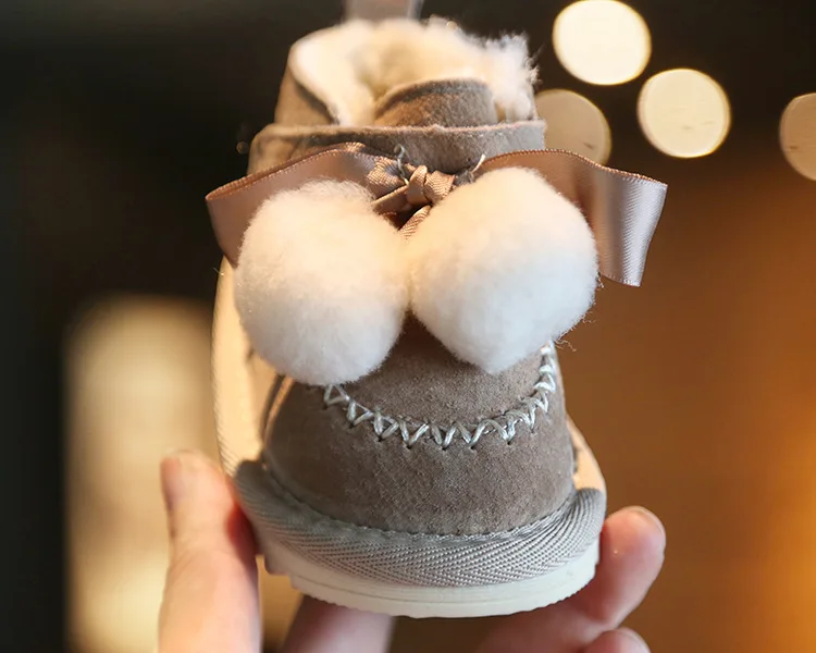 Claladoudou 12-14cm Brand Genuine Leather baby snow boots khaki black gray cute pompom bow tie princess dress shoes for winter