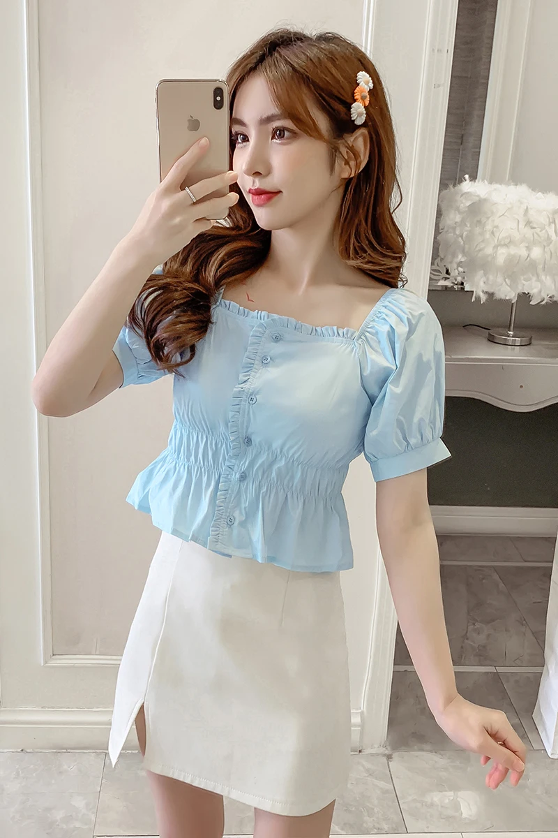 

COIGARSAM Vintage Solid blouse women New Summer High Waist Square Collar blusas womens tops and blouses Purple White Blue 5110