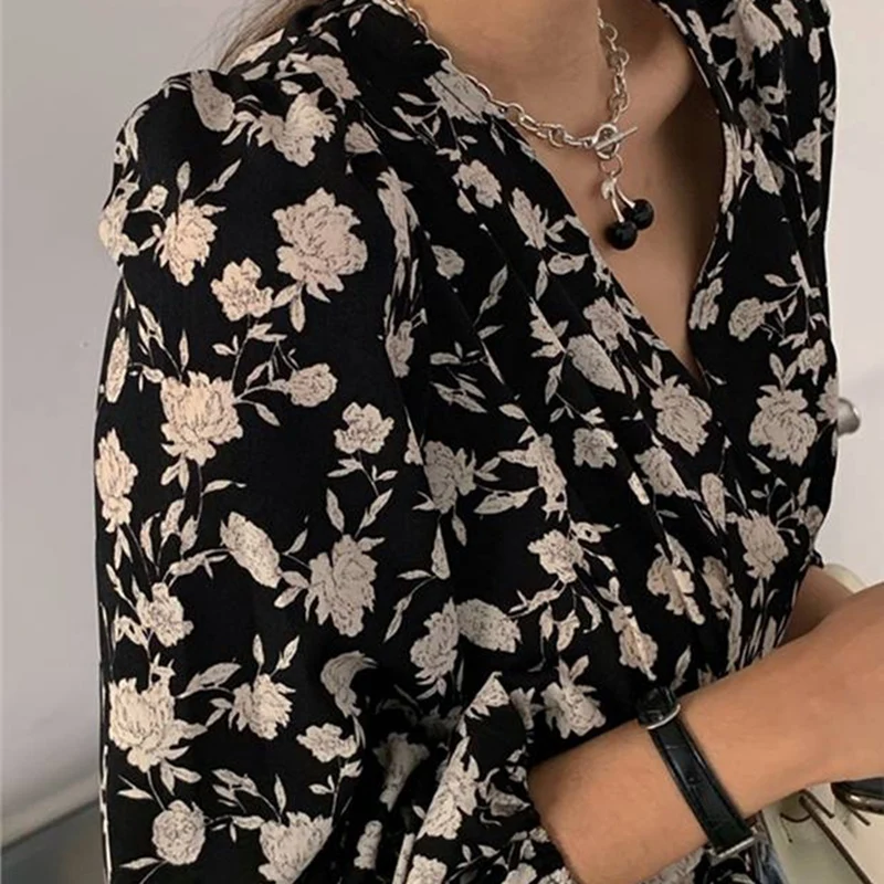 Шифоновая Блузка с цветочным принтом Женская туника на завязках кимоно