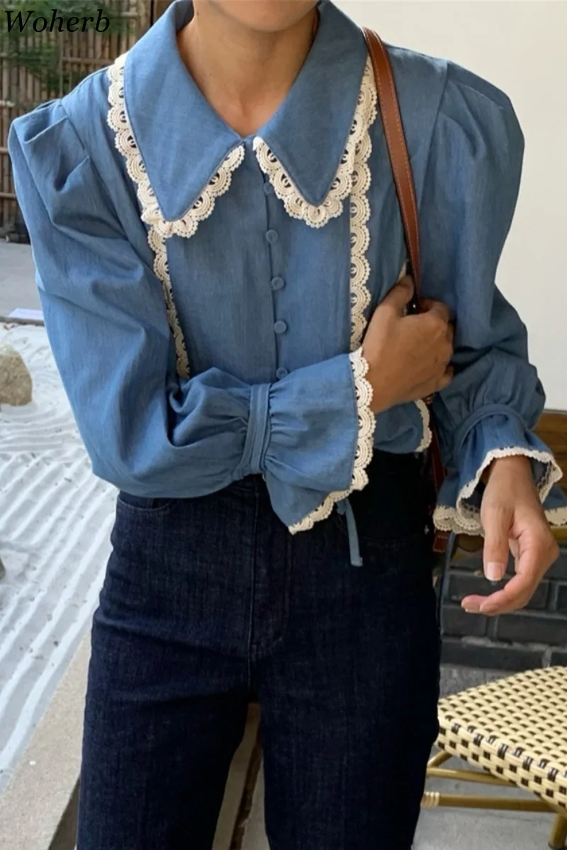 Woherb Корейская винтажная блузка женские шикарные кружевные блузки отложной
