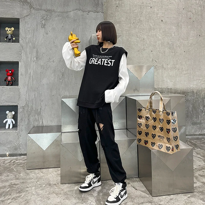 

QING MO 2021 Autumn New Women Two Piece Suit Loose Thin Long Sleeved T-shirt And Sleeveless Vest Women Suit Black White ZWL084