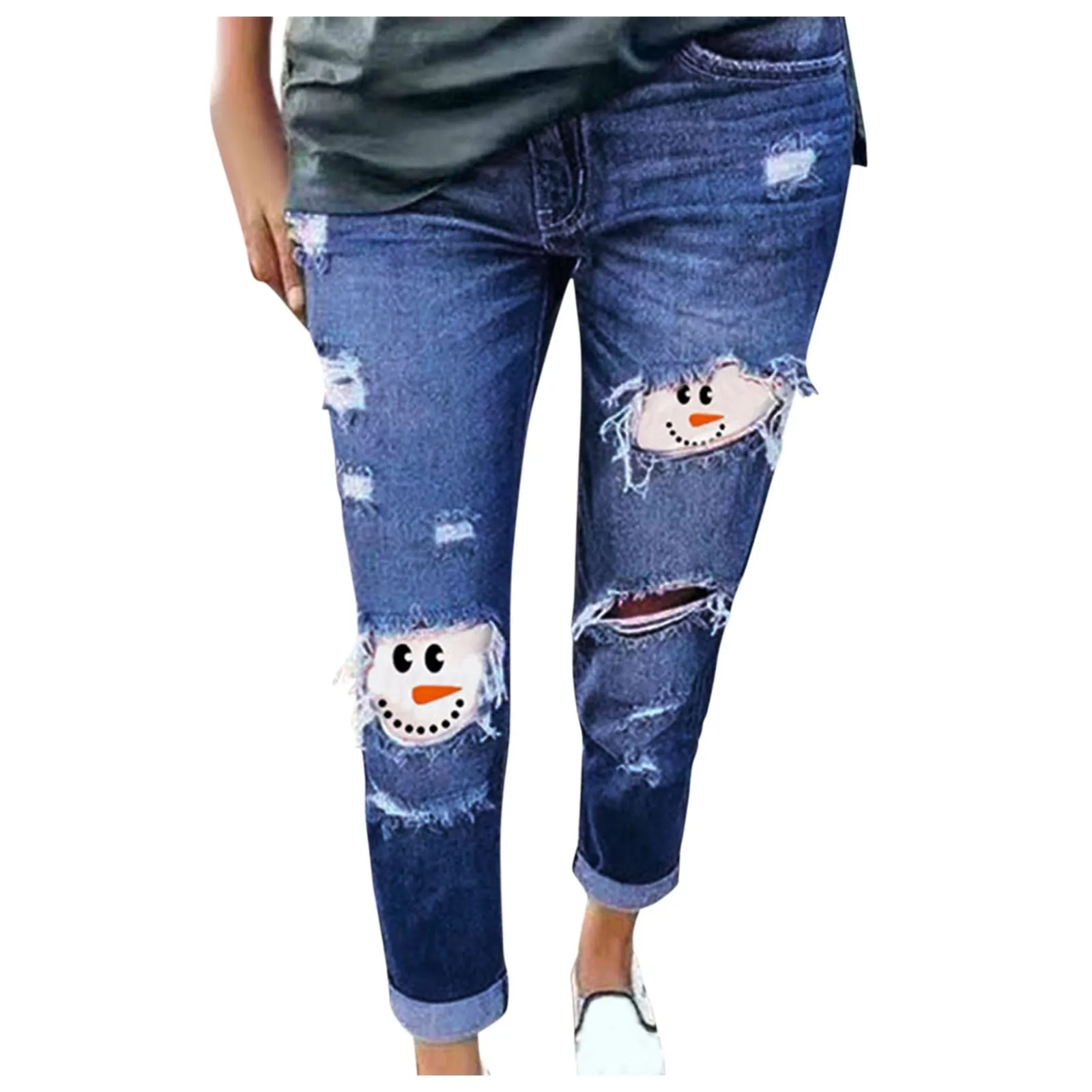 

Size Print Jeans Snowman Women Ripped Trousers Jeans Plus Pants
