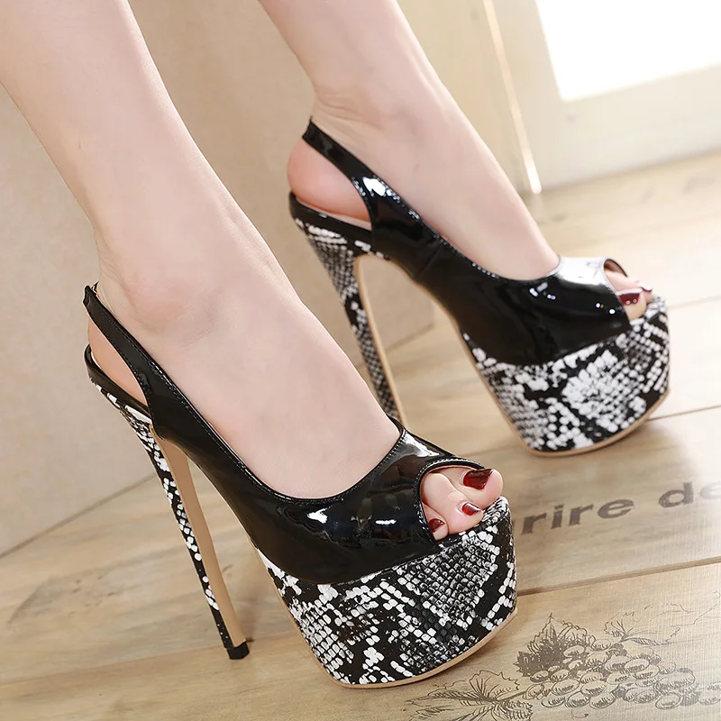

2020 New Platform Sandals Pumps Peep Toe Super 16cm Thin High Heels Sandals Back Strap Fashion Patent Leather Party Sandals Shoe