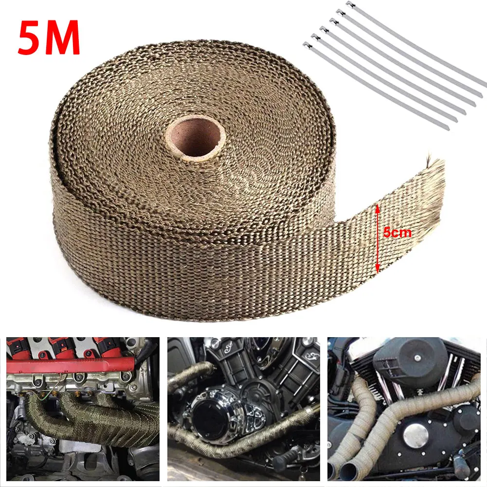 

2'' X 5M & 6 Ties Motorcycle Exhaust Heat Shield Thermal Exhaust Tape Heat Wrap Fiberglass With Stainless Ties For Motocross