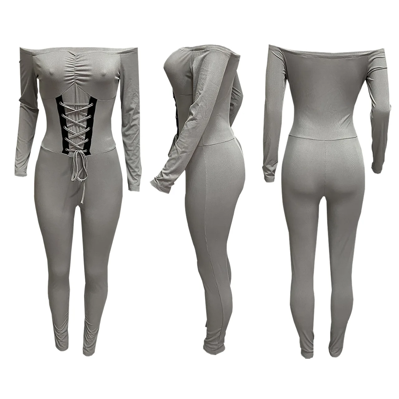 Women's Autumn/winter Off-the-shoulder Bandage Straps Threaded Jumpsuits Bodysuit Women Sexy Fitted Jumpsuit Women