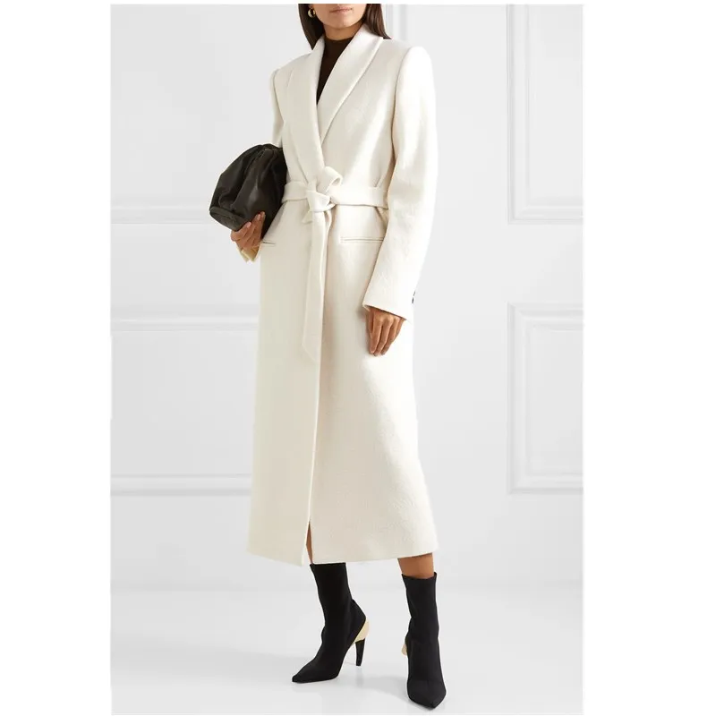 

2019 New Winter Women's Woolen Coat With Sashes Casual Single Button Wide-waisted Wool Blends Jacket Overcoat Lady X-Long Coats