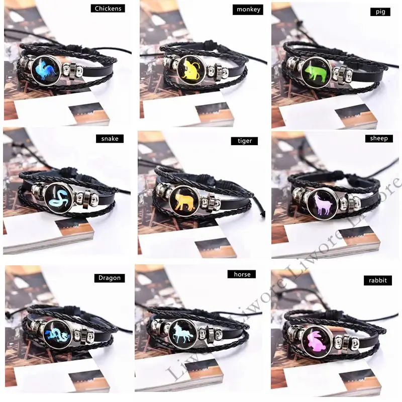 

Creative watercolor zodiac woven men's leather bracelet twelve constellation luminous couple bracelet braided hand rope