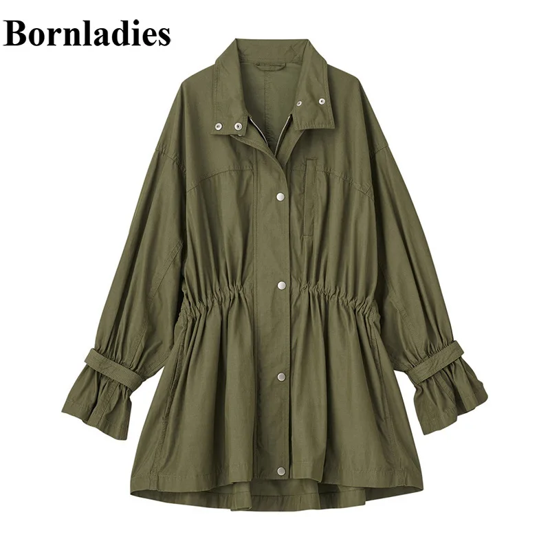 

Bornladies 2021 New Design Woman Coat Spring Autumn Fashion Casual Loose Windbreaker Slim Waist Solid Drawstring Tooling Coats