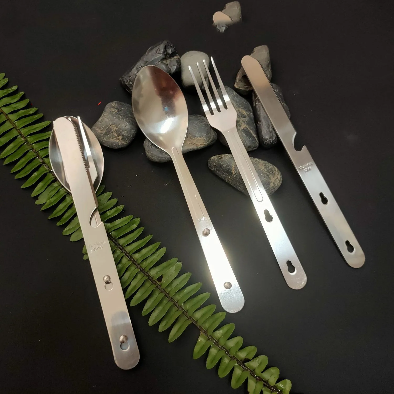 

Three-in-one Portable Stainless Steel Cutlery Outdoor Multi-function Camping Tableware Picnic Camping Equipment Set Folding One