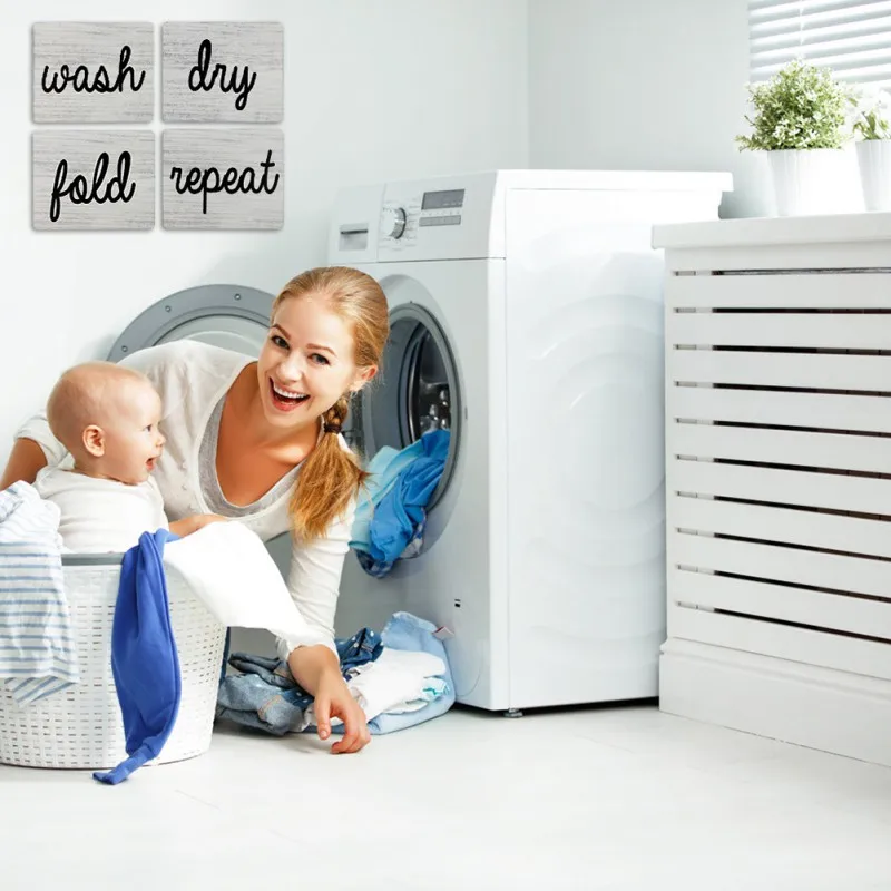 

New Home Decor Wall Stickers Laundry Room Decor Wash Fold Dry Repeat Mini Farmhouse Sign Framed Wood Wall Art Dropship -