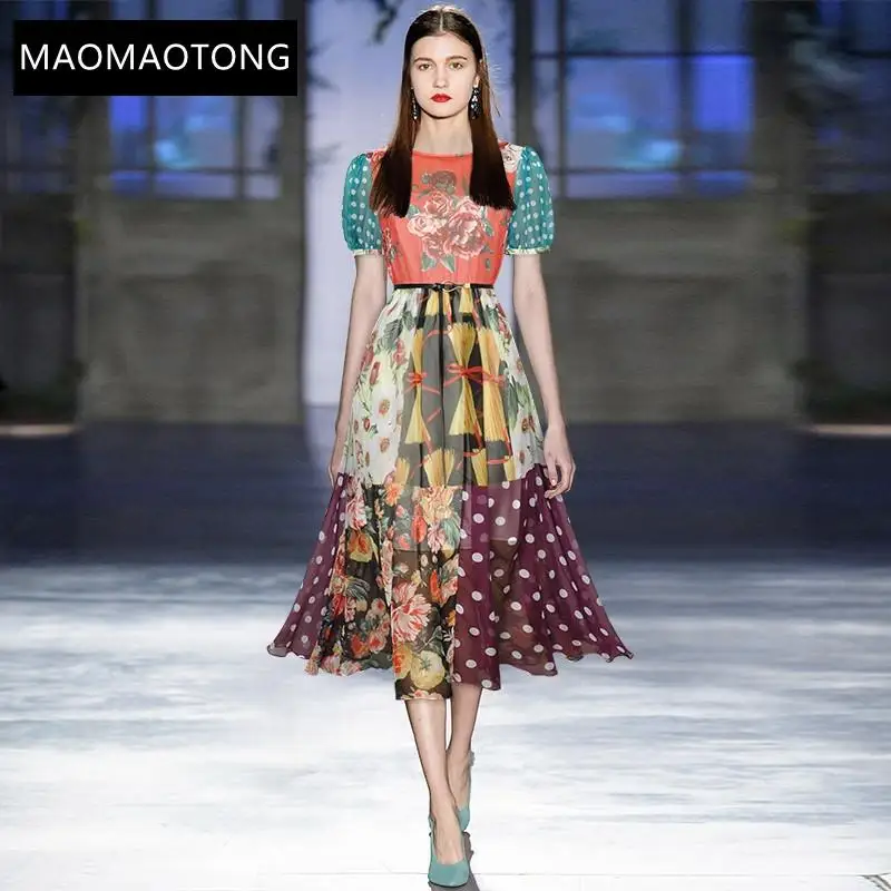 

Fashion Designer Summer Chiffon Dress Women Puff Sleeve Sashes Vintage Color Matching Flower Print Midi Dress