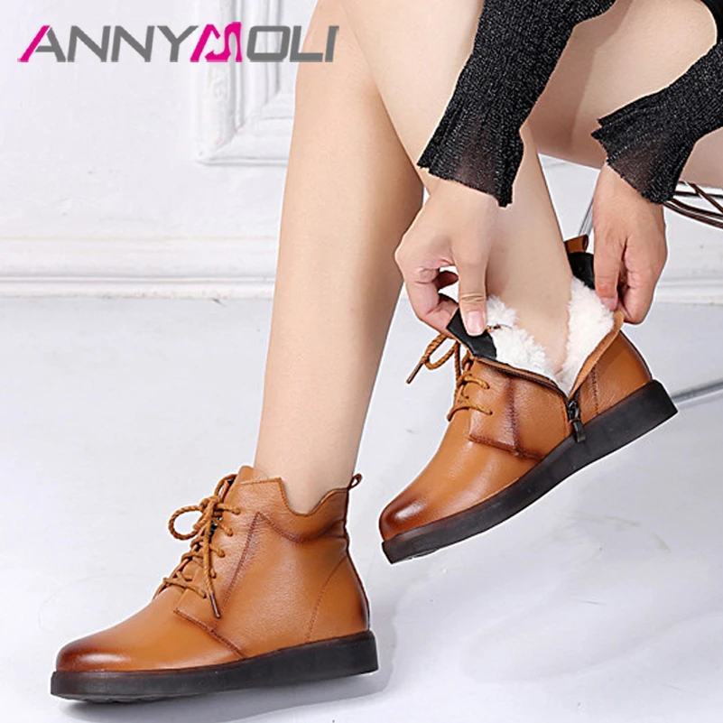 

Женские ботильоны на плоской платформе ANNYMOLI, зимние полусапожки из натуральной шерсти, на шнуровке, на молнии