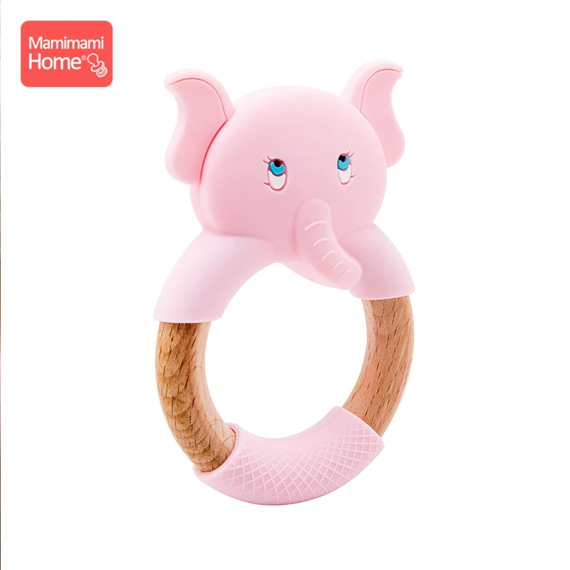 pink Elephant Ring Mamihome Baby Wooden Teether Animal Ring Silicone Rodent Beech Wooden Blank Rabbit Ears baby products Toys Pacifier Pendant Gift - Цвет: pink Elephant Ring