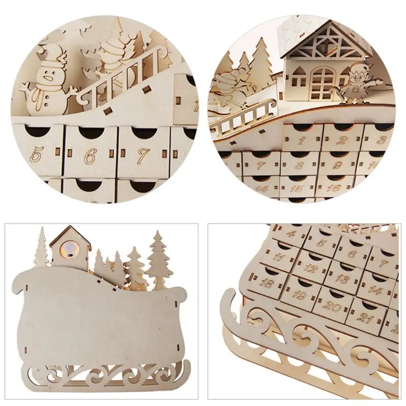 

Sleigh Wooden Advent Calendar Countdown Christmas Party Decor 24 Drawers with LED Light Ornament