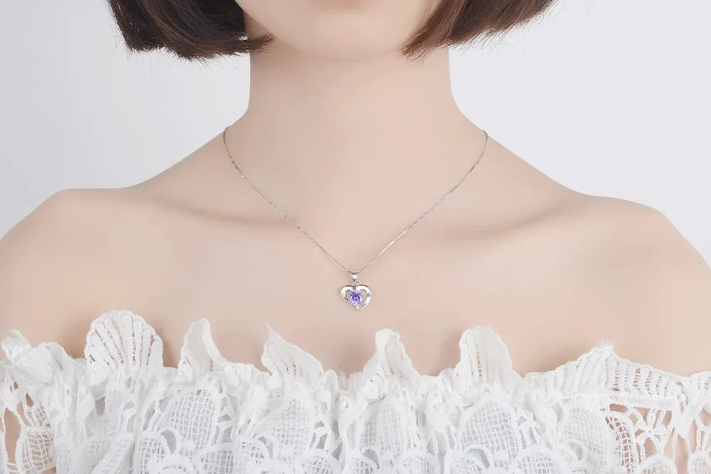 

925 Sterling Silver New Woman Fine Jewelry High Quality Purple Crystal Zirconia Simple Heart Pendant Necklace Length 45cm