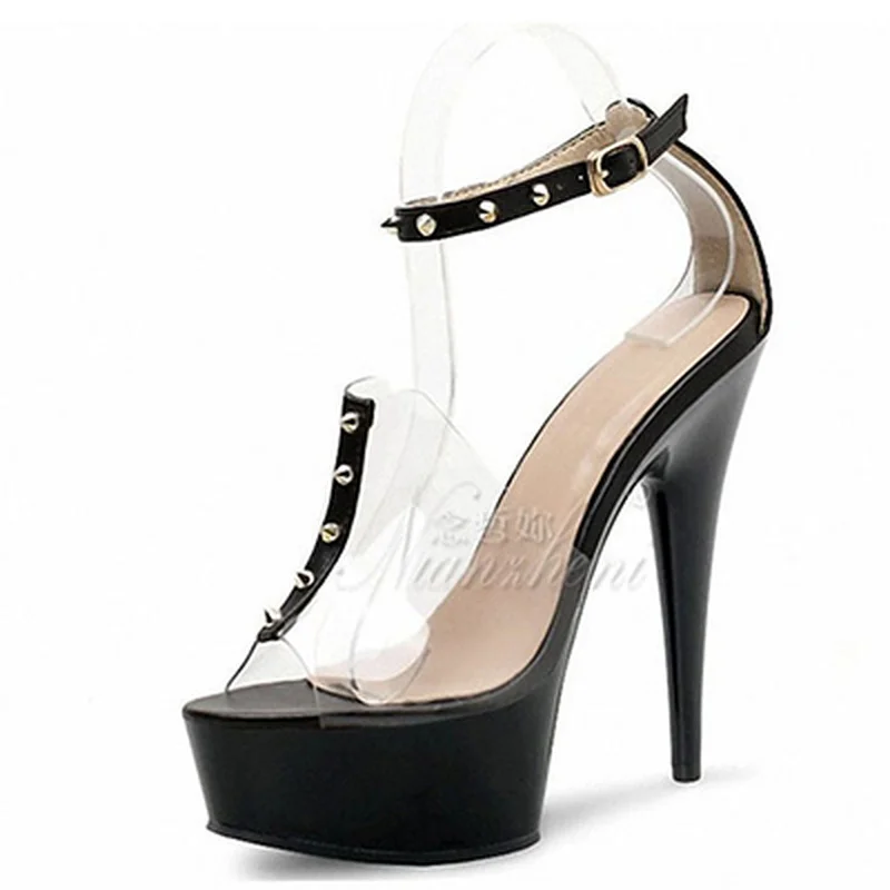 

Mclubgirl 13cm Heels Fish Mouth Rivet Women's Sandals One Button Fashion Sandals Super High Heel Transparent Crystal Shoes LYP