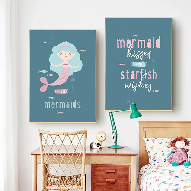 

Cartoon Mermaid Canvas Poster Nursery Quotes Wall Art Print Painting Nordic Kids Decoration Picture Baby Girl Bedroom Decoration