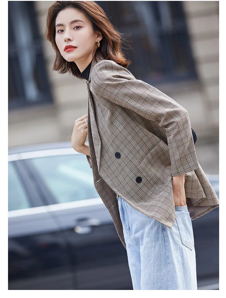 

grid suit jacket woman polyester double breasted regular blazers coat long-sleeve notched collar