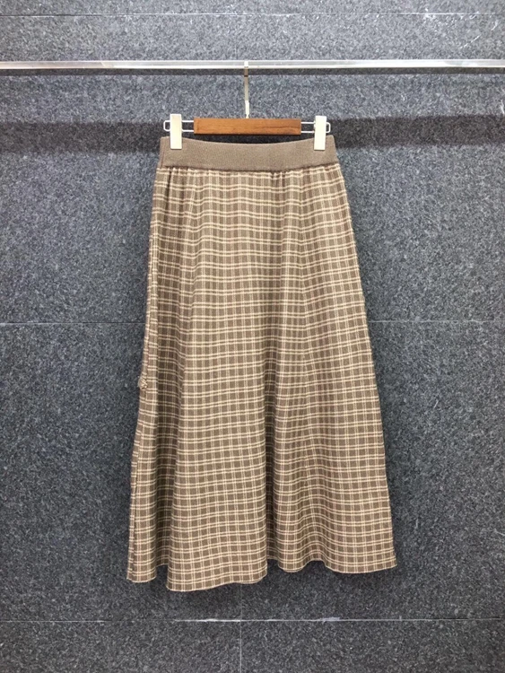 

2020 autumn and winter new fashion women's elastic waist decorative plaid all-match mid-length skirt 1017