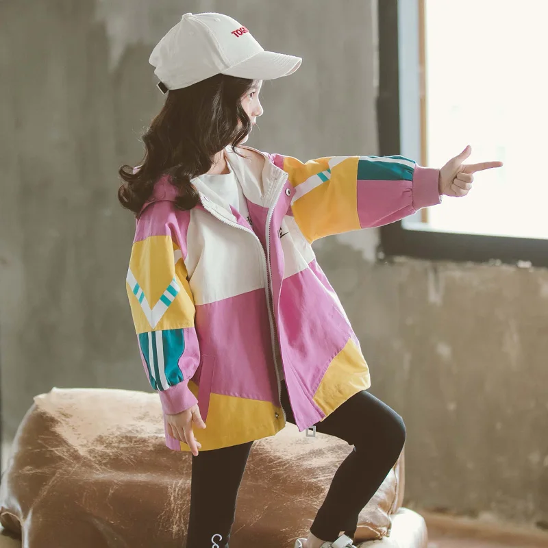 Куртки для девочек комбинированные пальто модная детская ветровка с капюшоном