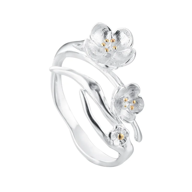 

Adjustable Silver Women White Topaz Flower S925 Sterling Ring Fine Jewelry Fashion Vintage style design