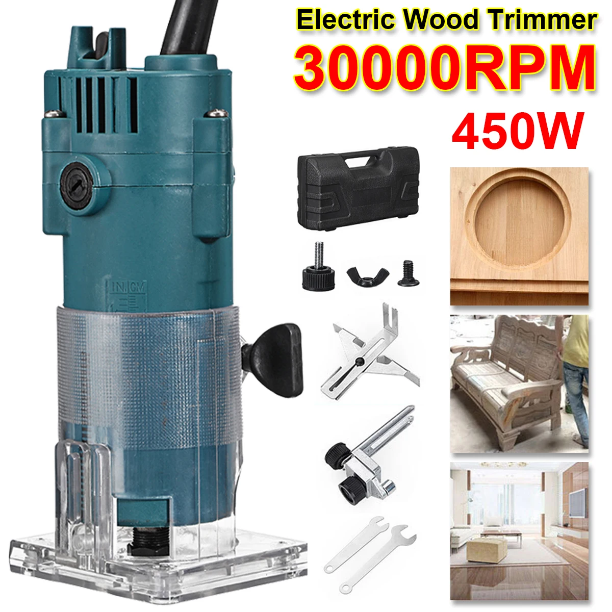 

220V 450W Woodworking Electric Trimmer 30000rpm Wood Milling Engraving Slotting Trimming Machine Wood Router Slotting Trimming