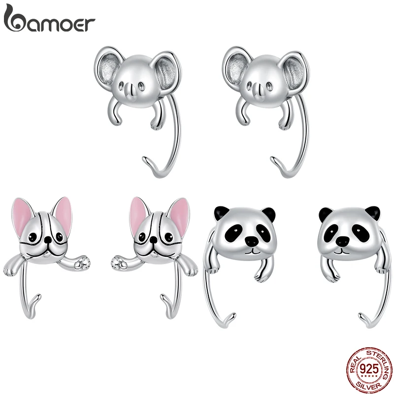 Bamoer Authentic 925 Sterling Silver Pink Mini Dog Stud Earrings for Women Mini Panda Ear Studs Fine Jewelry Set Friendship Gift