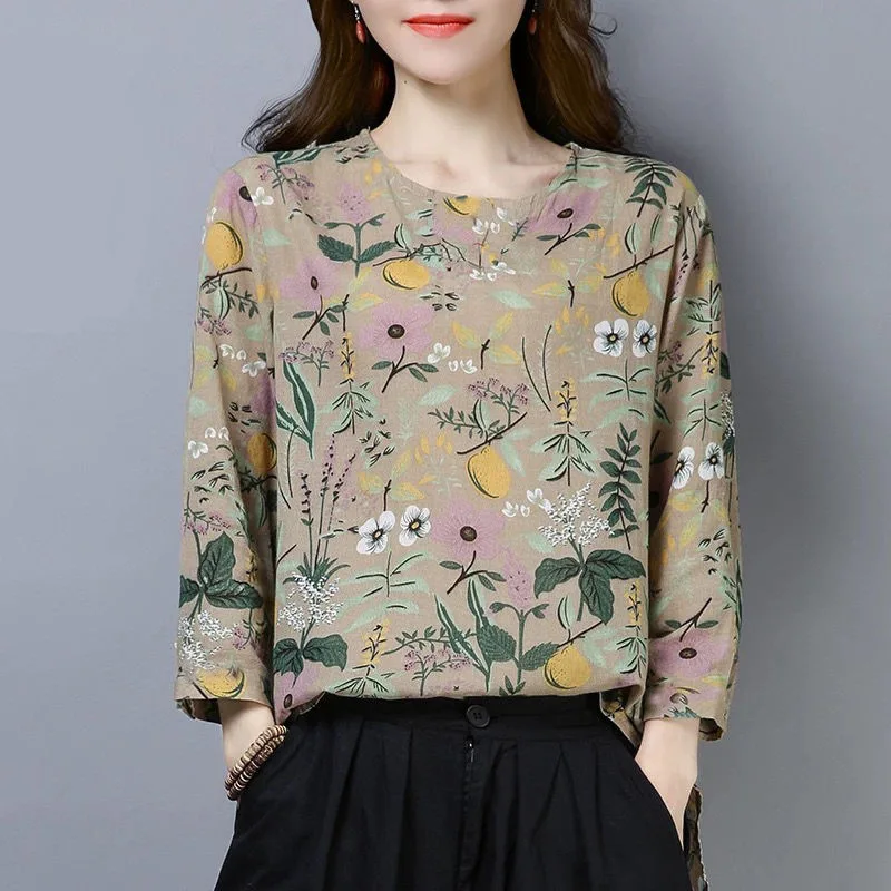 

M-4XL 2021 New Fashion Women Lady O-neck Three Quarter Sleeves Summer Spring Mom Loose Floral Printed Base Shirt Tops T-Shirt