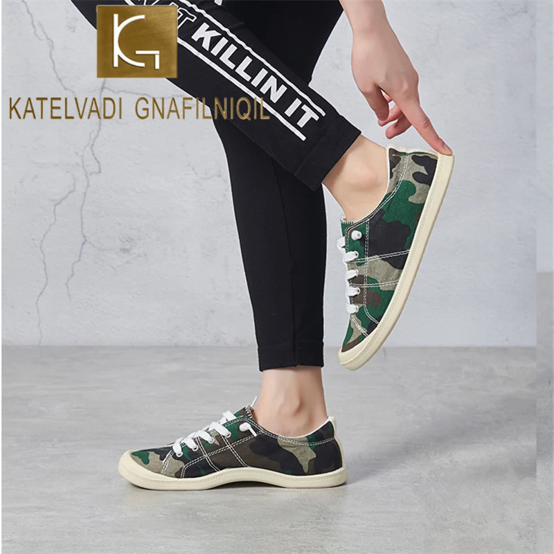 Кеды KATELVADI женские камуфляжные Вулканизированная подошва плоская на шнуровке