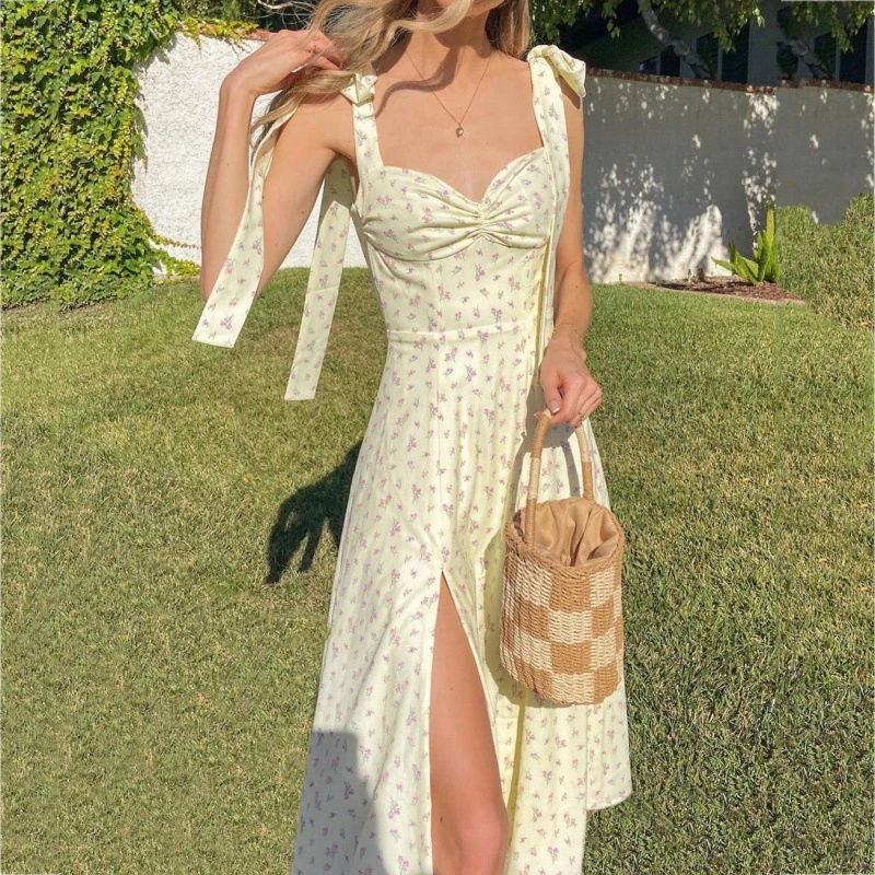 

Lace Up Dress Sling Low Neck High Waist Long Dress Flroal Printed Side Split New Elegant Sexy Retro Sweet Women's Dresses Robe
