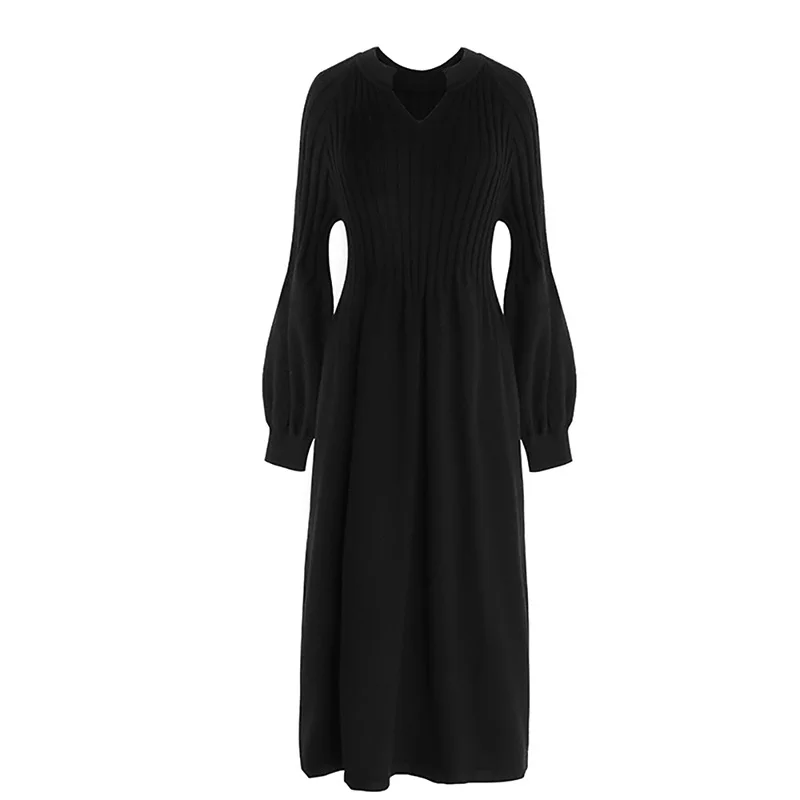 Женское трикотажное платье с рукавом-фонариком весеннее высокой талией