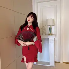 Vestido para Año Nuevo 2022, moda de manga acampanada, ajustado, Color puro, Mini vestido con abertura, estilo Retro chino, vestido de alta calidad (2)