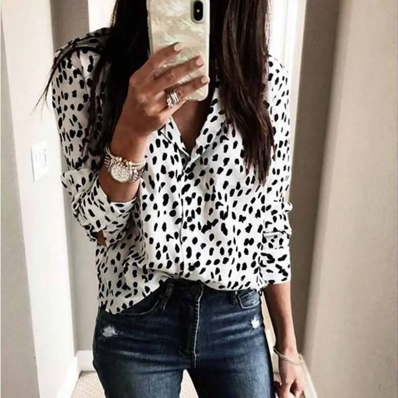 Для женщин с длинными рукавами блуза леопардовым принтом V образным вырезом