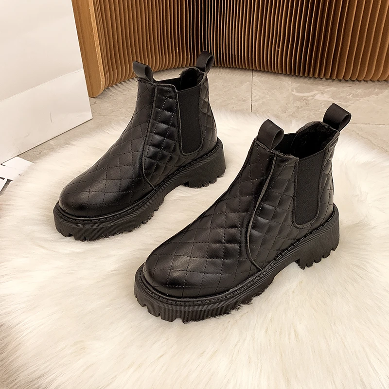 

Модные однотонные женские ботинки, популярная облегающая лаконичная женская повседневная обувь из искусственной кожи на толстой подошве с...