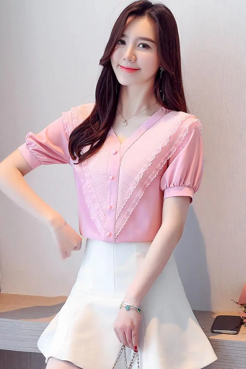 

COIGARSAM Short Sleeve blouse women New Summer Loose Chiffon V-Neck blusas womens tops and blouses White Pink 8231