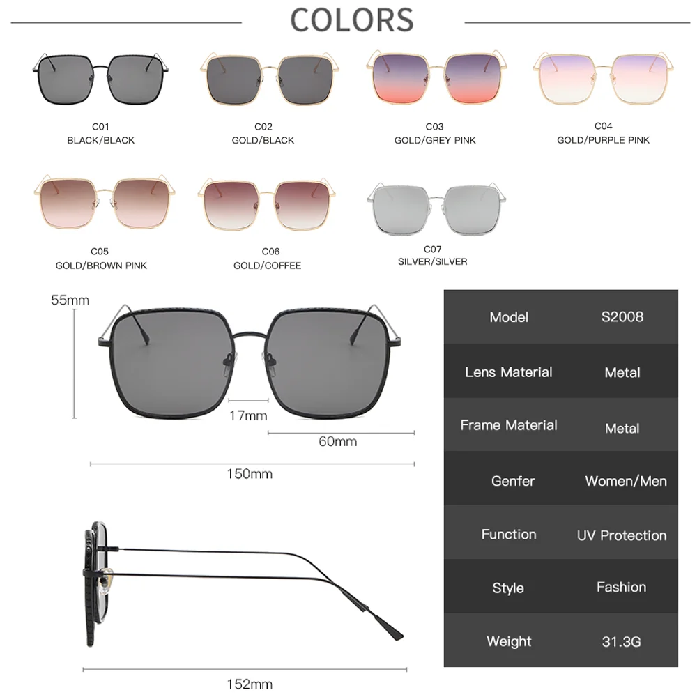 

Classic Square Sunglasses Women Brand Designer Retro Metal Big Frame Sun Glasses For Men Female Shades Black UV400 Eyewear Gafas