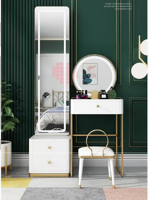 

Dressing table bedroom small apartment mirror with lamp makeup table light luxury single stainless steel paint dressing table 60