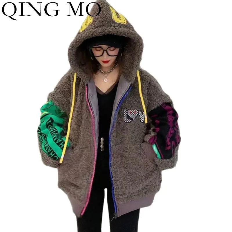 

QINGMO 2021 Winter New Thick Hooded Warm Cashmere Jacket Women Fashion Collage Large Size Zipper Cardigan Quilted Jacket ZWL1830